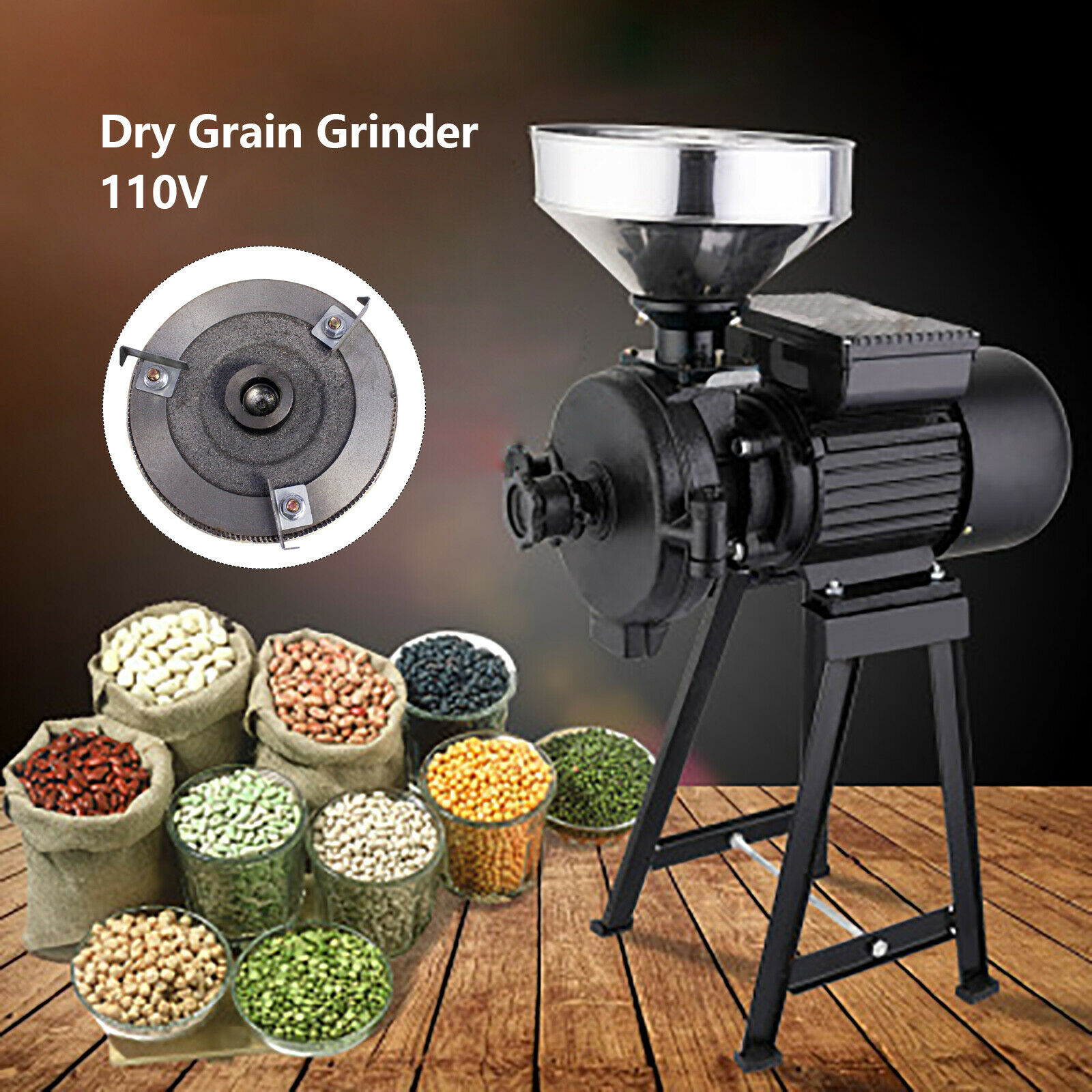 Electric Grain Mill Machine Corn Wheat Cereal Feed Wet Dry Grinder w/ Funnel