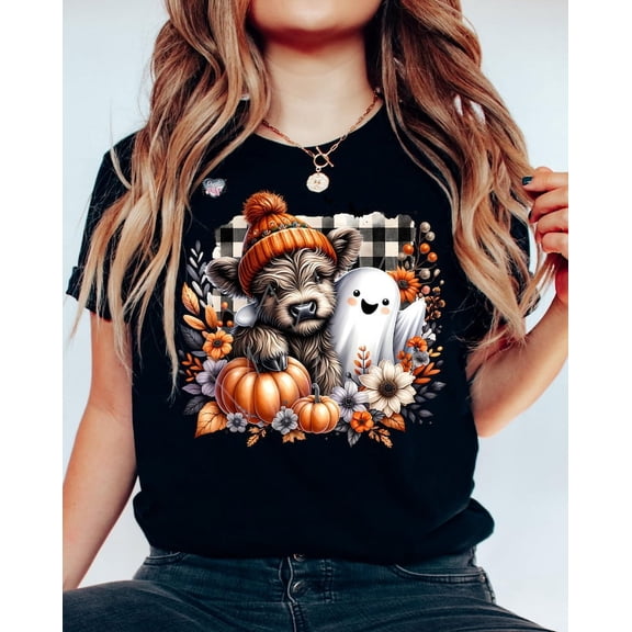 Cute Fall Highland Cow Ghost T-shirt, Spooky Season Autumn Cow T-shirt, Halloween Pumpkin Spice T-shirt, Boo Ghost T-shirt.