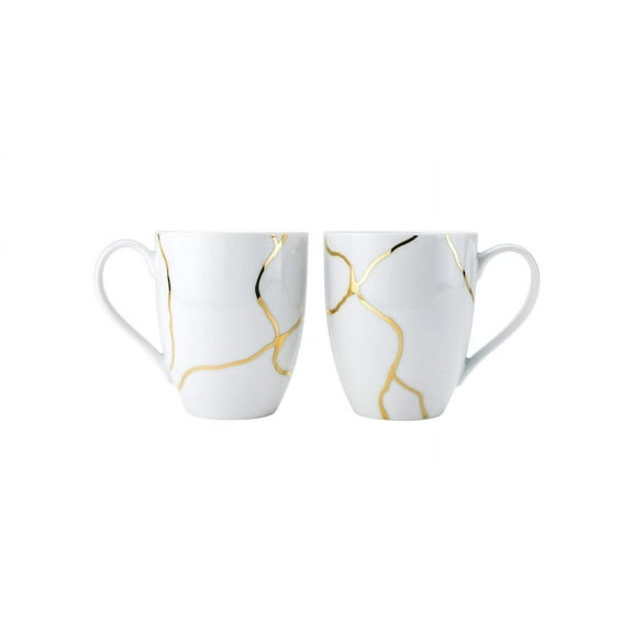 Euro Porcelain 2-pc Tea Cup Coffee Mug Drinking Set w/ 24K Gold Plated Accent - Old Fashioned Design