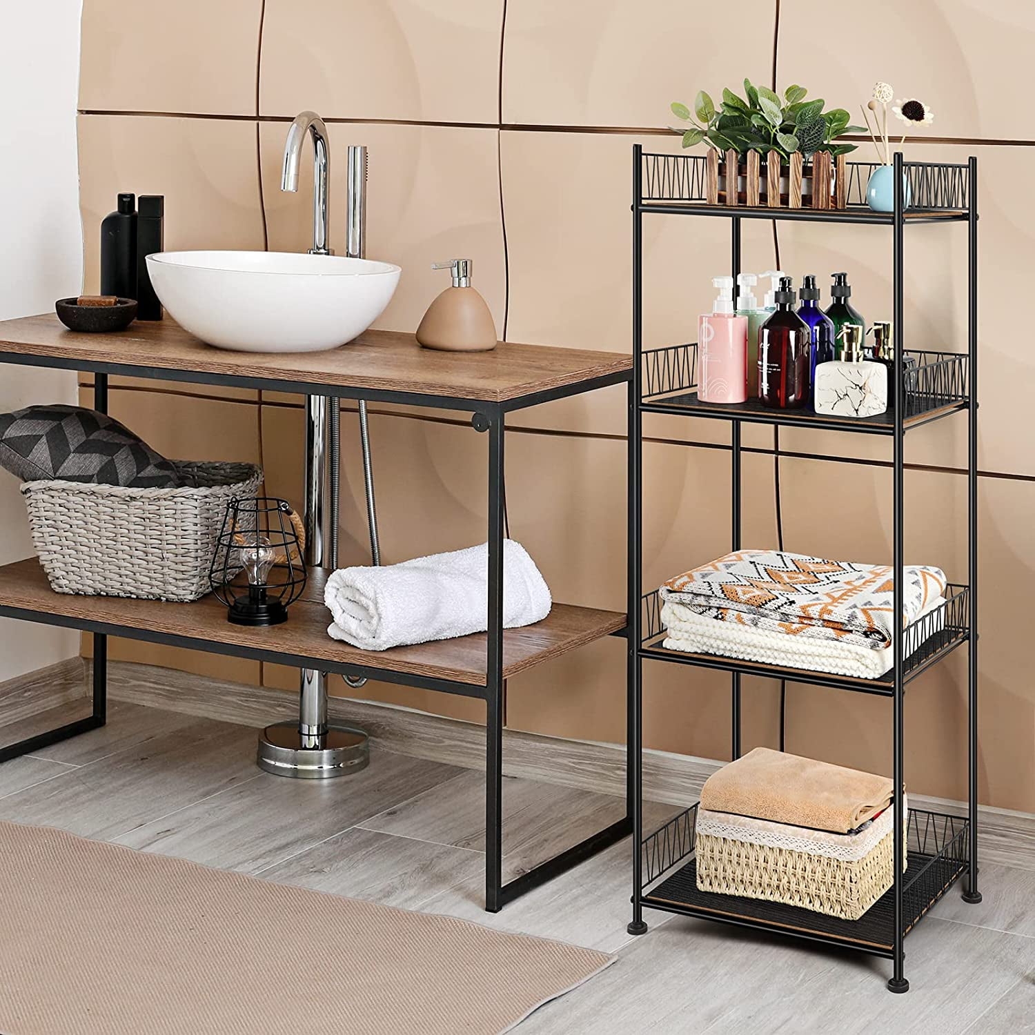 4 Tier Bathroom Storage Rack Metal Shelving Unit Organizer with Wood Shelves, Black