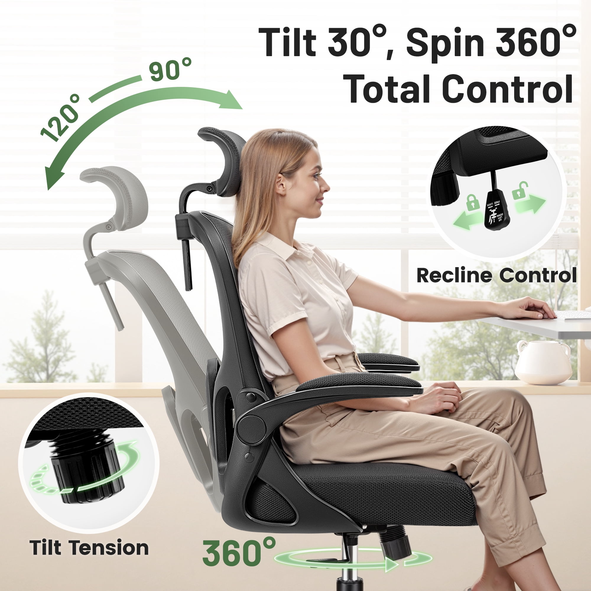 ATHOPE Office Chair, Ergonomic Desk Chairs 300LBS Capacity High Back Mesh Computer Chair with Flip-up Armrests, Comfy Work Chair with Adjustable Lumbar Support Headrest for Home Office, Black