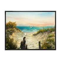 Designart 'Ocean Dunes During Pink Sinset on Beach' Nautical & Coastal Framed Canvas Wall Art Print