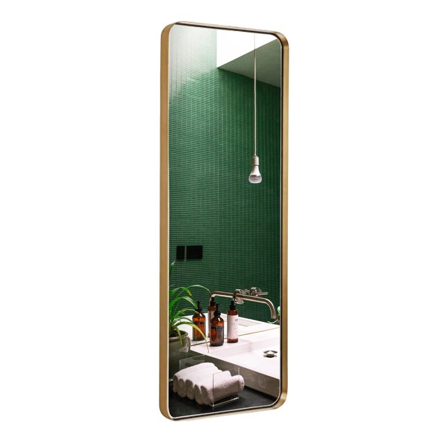 Hamilton Hills 18x48 inch Metal Gold Frame Mirror for Bathroom | Brushed Rectangular Tall Rounded Corner Vanity | 2" Deep Set Design Wall Mirrors Decorative | Hangs Horizontal and Vertical