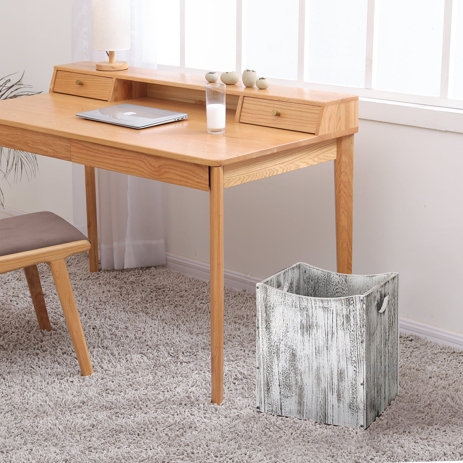 5.3 Gallon Rustic Wood Trash Can Wastebasket with Handles, White-Brown