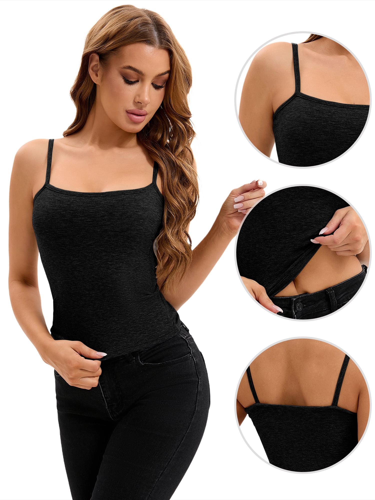 Unique Bargains Women's Spaghetti Strap Tank Top Basic Undershirt Ribbed Camisole S Black