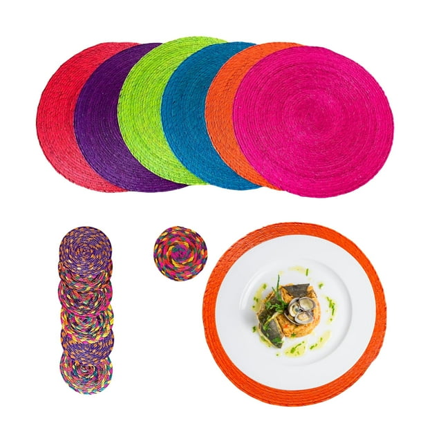 Decoracion Juego de 6 manteles Individuales Redondos de Palma Natural, 35 cm de diámetro con 6 Posta Vasos