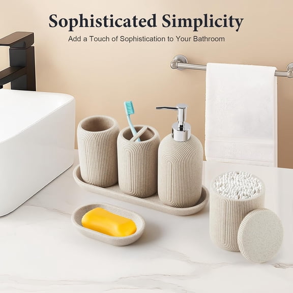 Beige 7-Piece Resin Bathroom Set - Soap Dispenser, Toothbrush Holder, Tumbler & Tray Organizer