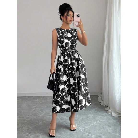 Black And White Floral Print Sleeveless Fit And Flare Midi Dress
