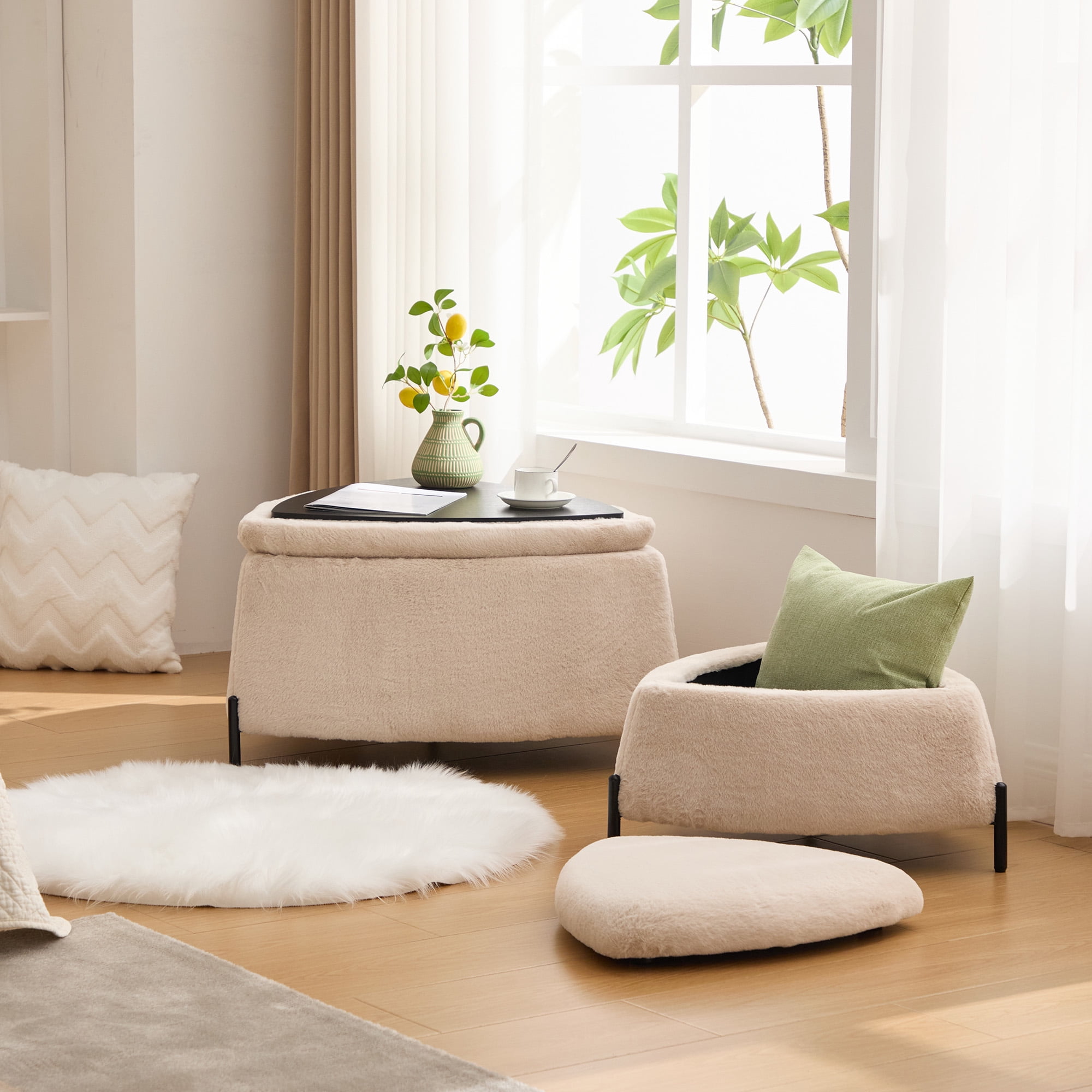 Ottoman Set, Light Camel Faux Fur 2-Piece Set with Large Ottoman Featuring Reversible Wooden Tray Lid and Small Hidden Ottoman, for Footrest, Coffee Table, Seating