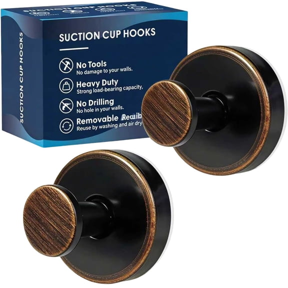 2PC-Oil rubbed Bronze Suction Cup Towel Hooks, No Drilling Bathroom Organizer