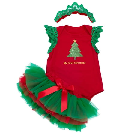 

Newborn Baby Girls Cute Outfits Letters Christmas Printed Flying Sleeve Short Sleeve Romper Short Skirt With Headband Three Piece Trendy Clothes for Girls Size 0-3 Months