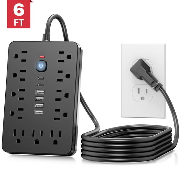 Power Strip, Surge Protector with 11 Multiple AC Outlets and 6 USB Ports (2 USB C), 6 Ft Extension Cord, 1250W/10A, One Touch Switch Button, 17 in 1 Compact powerstrip
