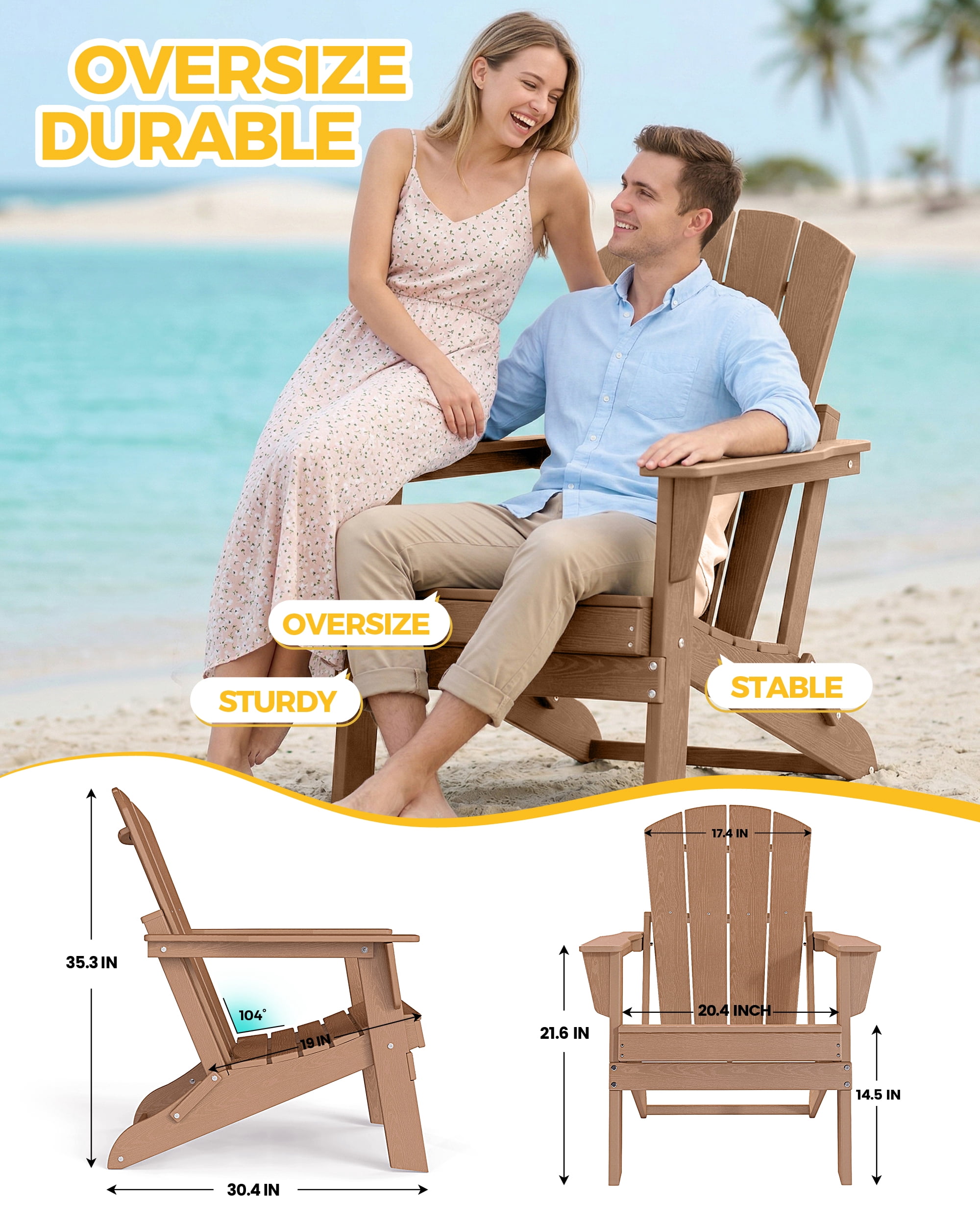 Cobiod Folding Adirondack Chair Set of 2, HDPE Patio Chair, All-Weather Space-Saving Foldable Fire Pit Seating for Camping, Backyard, Deck - Cedar