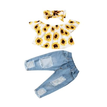 

Qtinghua Toddler Baby Girls Summer Outfits Ruffle Sunflower Tops Blouse + Ripped Jeans Denim Pants + Headband Casual 3Pcs Set Yellow 2-3 Years