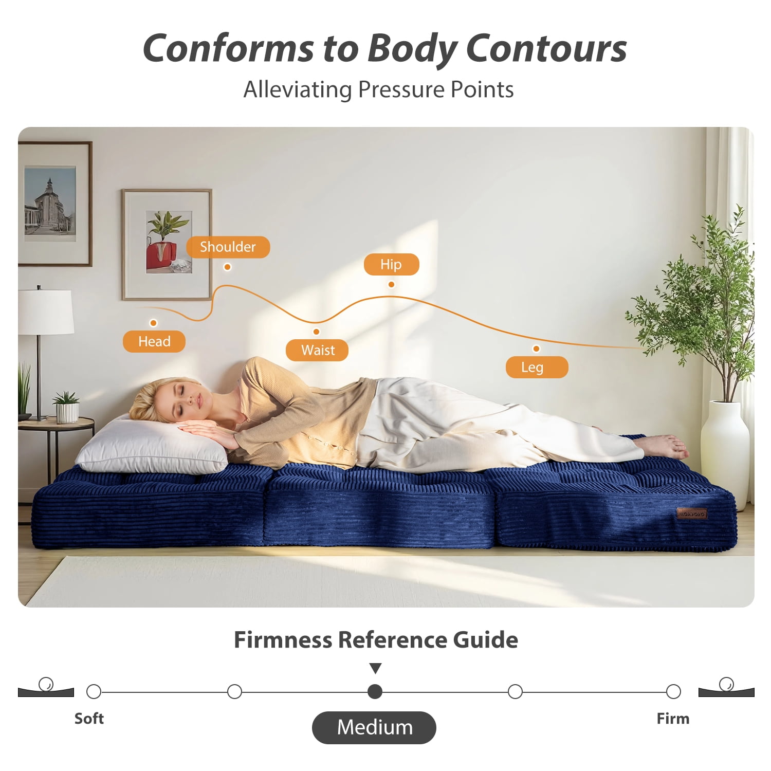 BYBYME 6 inch Tri-Fold Mattress,Corduroy Folding Mattress Made of a Whole Foam,Memory Foam Mattress Topper Perfect for Sleeping,Camping,Twin,Navy
