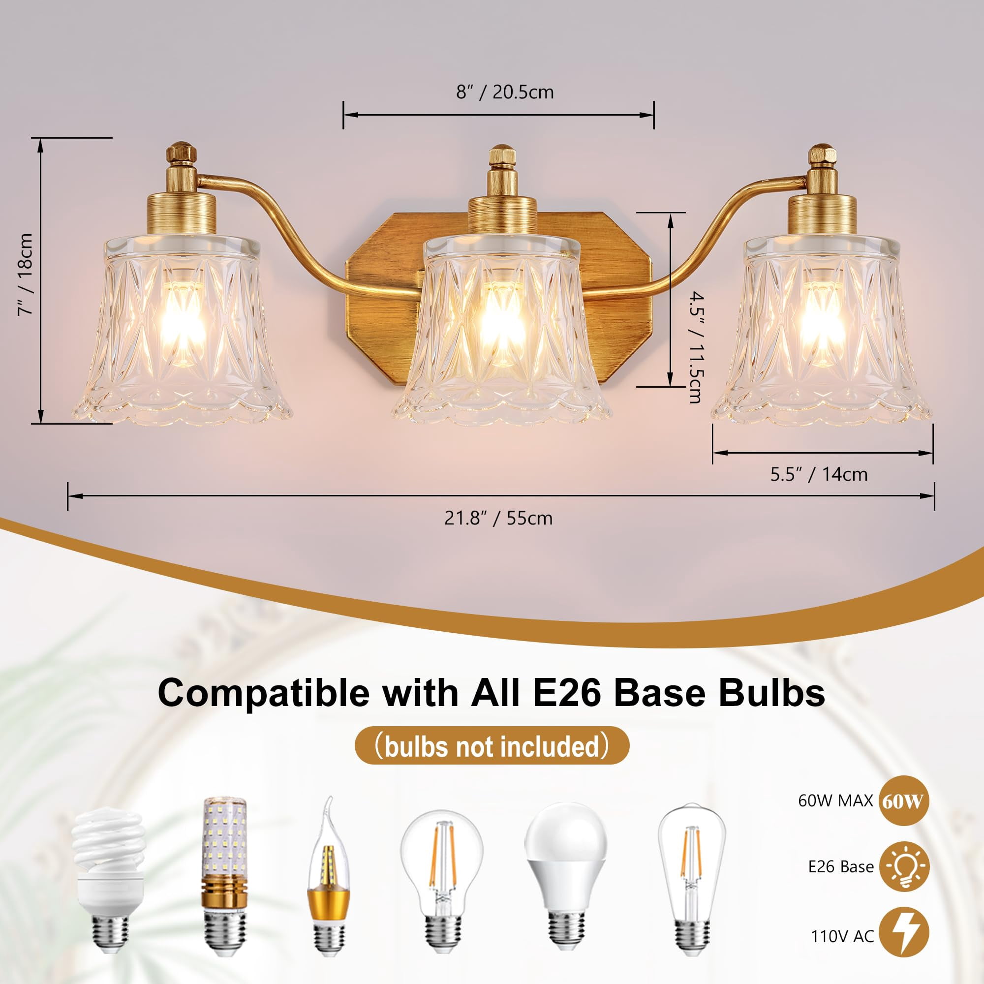 22" Gold Bathroom Light Fixture  3 Brass Vintage Vanity Antique Finish With Crystal Glass Shade Suit For Bedroom Or Hallway