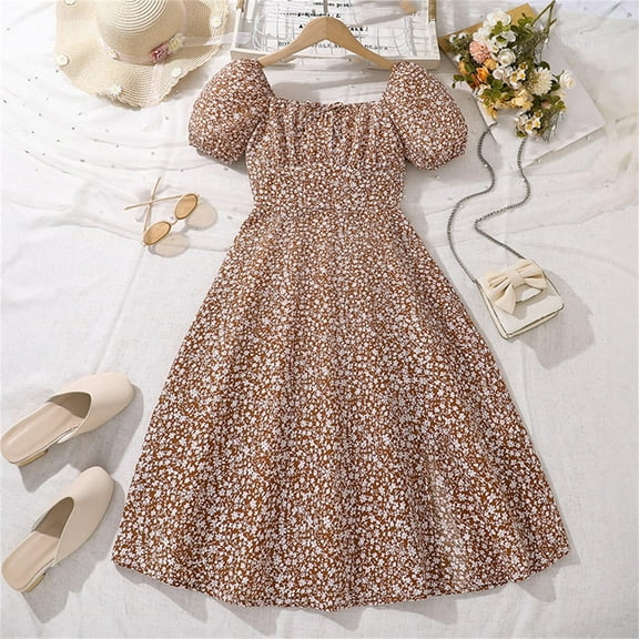 ATOGUTA Party Dresses for Girls Kids Square Neck Casual Dresses Fashion Party Outfit Brown, Size 8-13