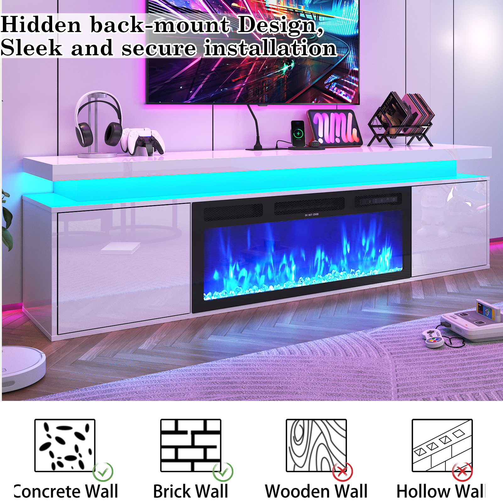 Blotout 70'' Fireplace TV Stand with 36'' Fireplace, Gloss Wall Mounted Fireplace Entertainment Center with Storage&Power Outlet, Modern LED Light Console for Wall-mounted TV Up to 80''