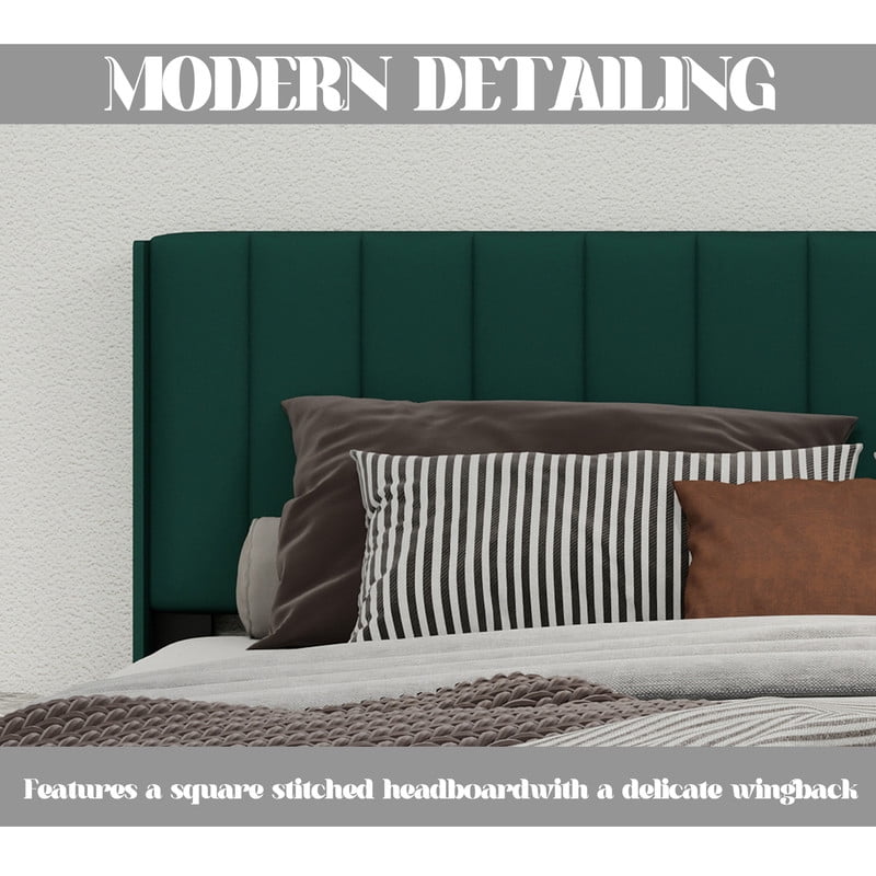 Pillfn Upholstered Platform King Size Bed Frame with Headboard Wooden Slats Support,Green