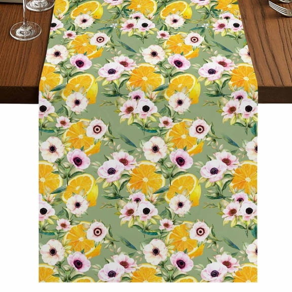 Table Runners 60 Inches Long Dress Scarves, Summer Lemon Farmhouse Kitchen/Dining Table Runner, Small Coffee Tablerunners, Watercolor Flowers Fruits Leaf Green 13x60 Inch