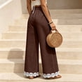 thumbnail image 6 of Women Straight Leg Pants with Lace Hem Trim, Elastic Drawstring Waist Casual Long Trousers with Pockets, Solid Loose Daily Pants for Vacation Brown L(L), 6 of 7