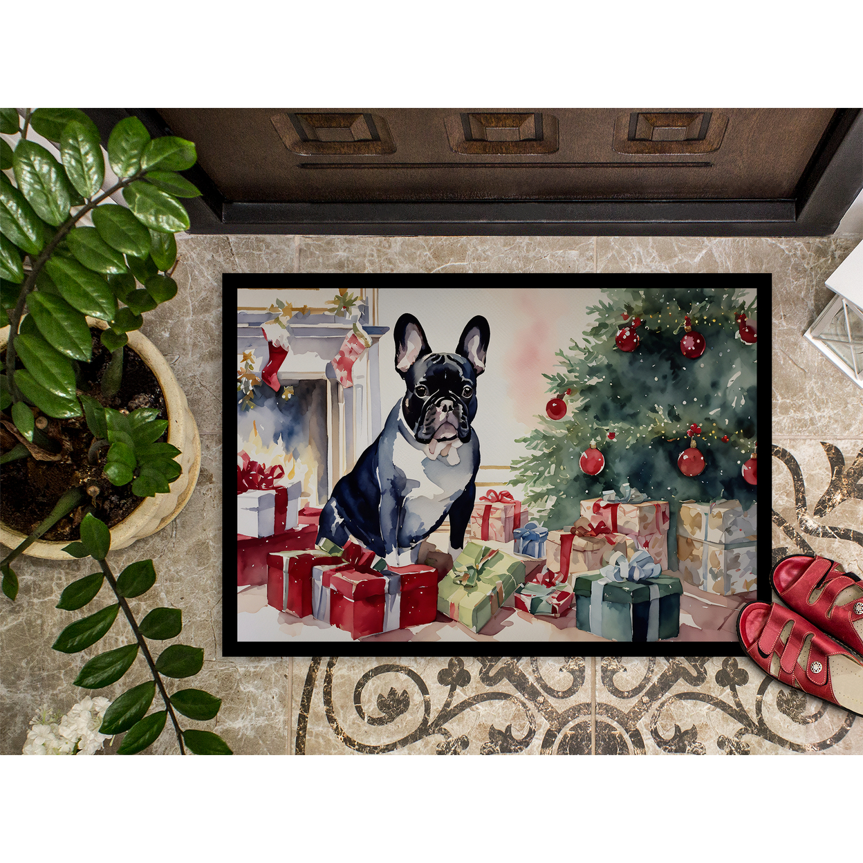 Carolines Treasures DAC2659MAT 0.15 x 18 x 27 in. French Bulldog Cozy Christmas Doormat