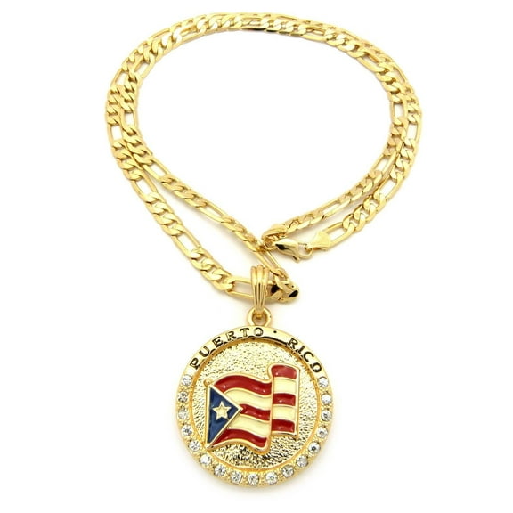 Flag of Puerto Rico Pride Rhinestone Medal Pendant 24" Various Chain Necklace in Gold, Silver Tone