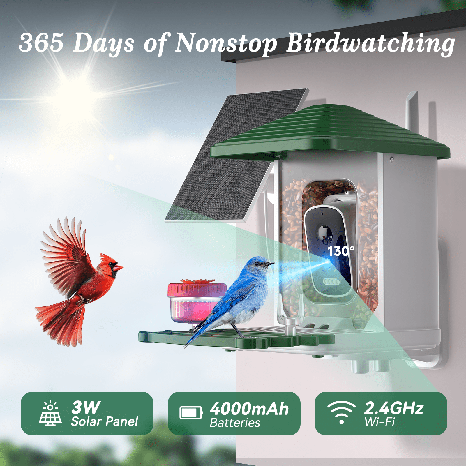 Conico Smart Bird Feeder with Camera, 5MP HD AI Bird Recognition, Solar Powered WiFi Outdoor Bird Feeder, Squirrel Proof, Father’s Day Gifts for Dad Grandpa, Bird Watching Gifts