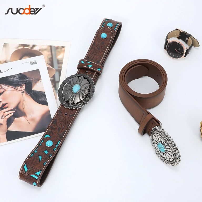 Suosdey Turquoise Buckle Western Leather Belt, Unisex photo 8