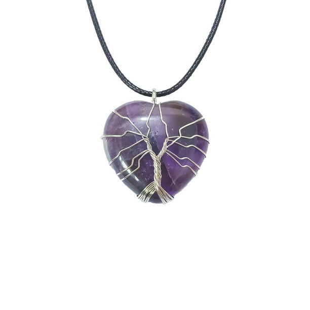 Zhuge Collar con colgante de árbol de la vida, joyería, colgante de plata hecho a mano, corazón de melocotón, piedra natural, corazón, cristal, collar de árbol de la vida (morado)