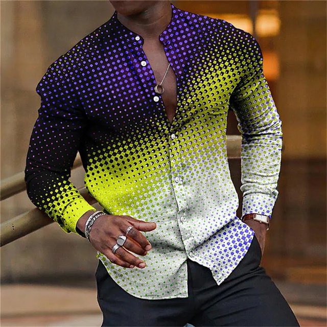 Camisa larga de verano para hombre, cuello alto, camisa clásica con estampado 3D, botones, moda retro, ropa urbana de alta calidad