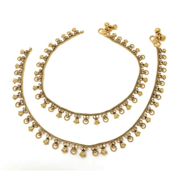 Duel On Jewel Indian Payal Bell Anklet Set for Women with Circular Hanging Charms, Dainty Chain Design, Cubic Zircon, Comfort Fit, Gold Plated, 10.38-Inch, Ideal for Everyday Wear,