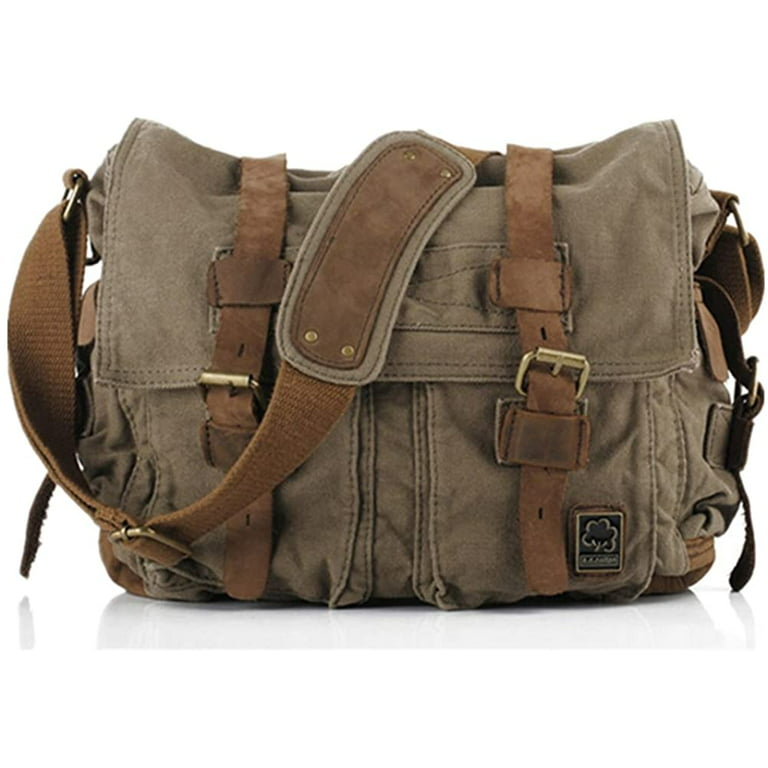 Petmoko Vintage Military Leather Canvas Laptop Bag Messenger Bags Medium Boho Satchel School Bag, Men's, Size: Medium--13, Green