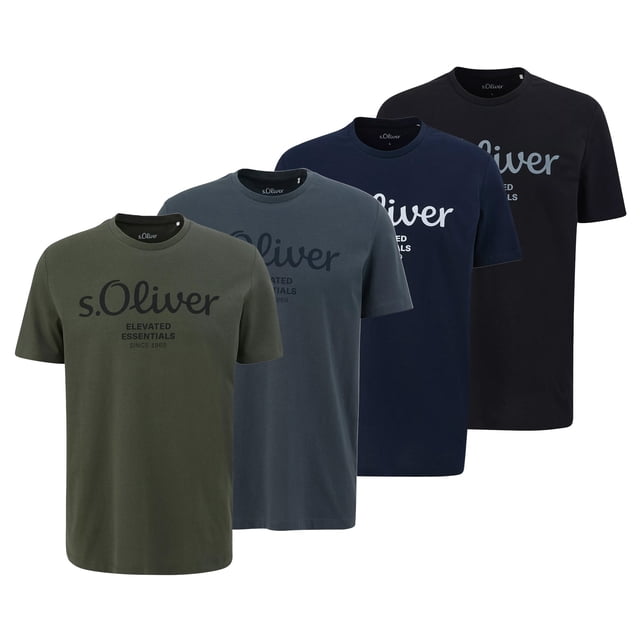 s.Oliver Camiseta para hombre, pack de 4 - básica, estampado logo, cuello redondo, algodón Azul/verde oscuro/gris oscuro/negro S (Small)