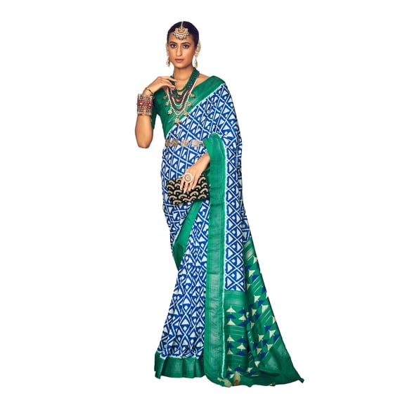 Traditional Ethnicwear Indigo Cotton Silk Ikkat Print Saree