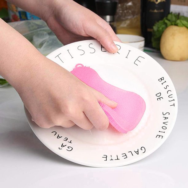 Cepillo De Lavado Cepillo de silicona para lavar platos, olla, sartén, cocina, limpiador, esponja, fregador (rosa)
