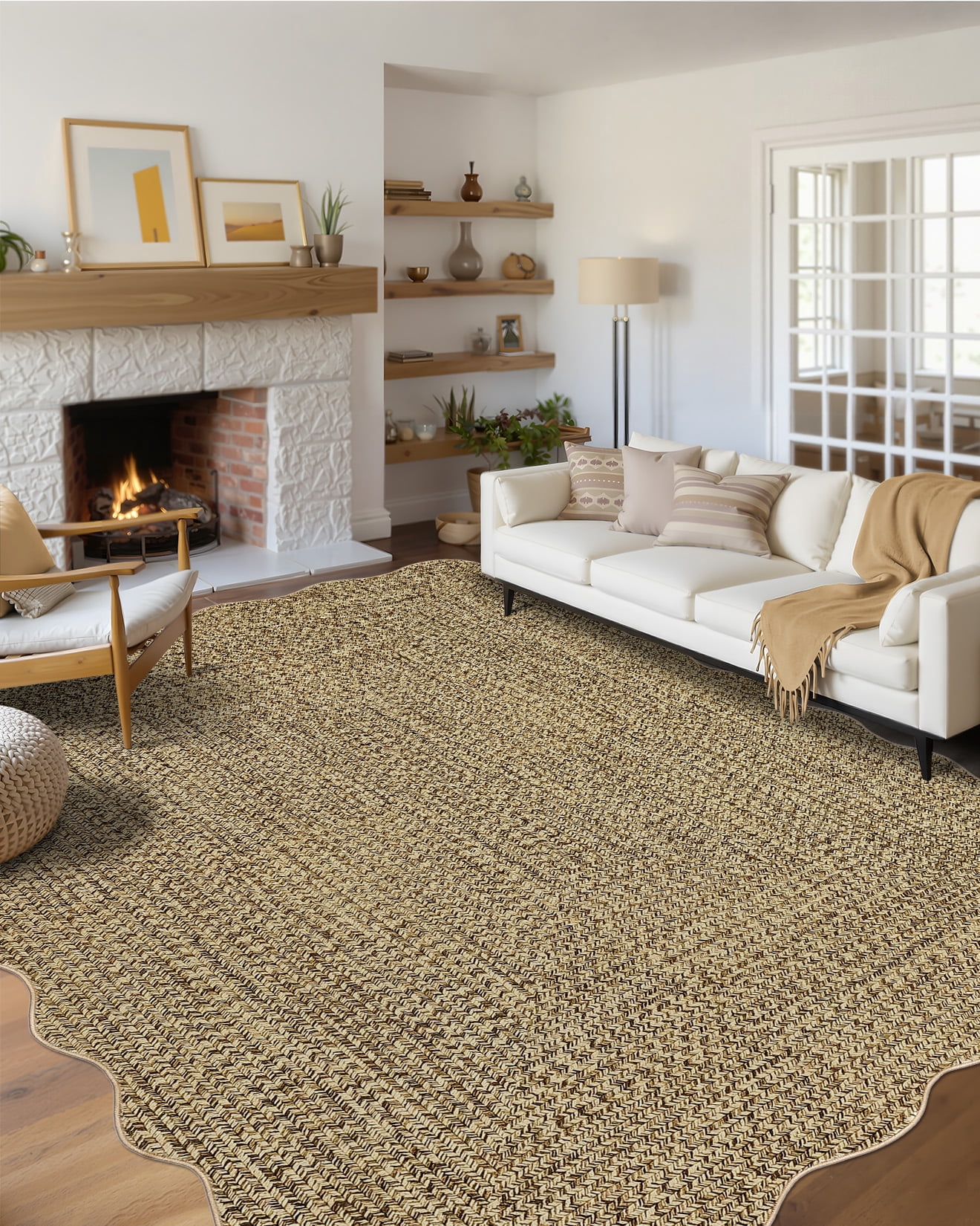 Garvee 3'x5' Scalloped Rug Farmhouse Braided Print Carpet, Washable Rug Soft Non Slip Low Pile Rug Indoor Neutral Carpet for Living Room Bedroom Dining Room, Yellow