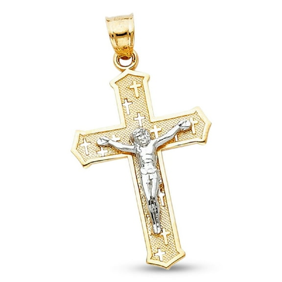Cross Engraved Crucifix Pendant Solid 14k Yellow White Gold Jesus Charm Fancy Two Tone 30 x 19 mm
