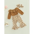 thumbnail image 4 of Baby Girls Clothes Sets 3pcs Ruffles Long Sleeve Solid Romper+Checkerboard Plaid Bell-Bottomed Pants, 4 of 9