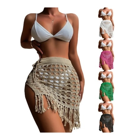 Women Sexy Hollow Out Mesh Tassle Skirts Beach Cover Up Summer Fish Net Swimsuit Wrap Sheer Maxi Sarong