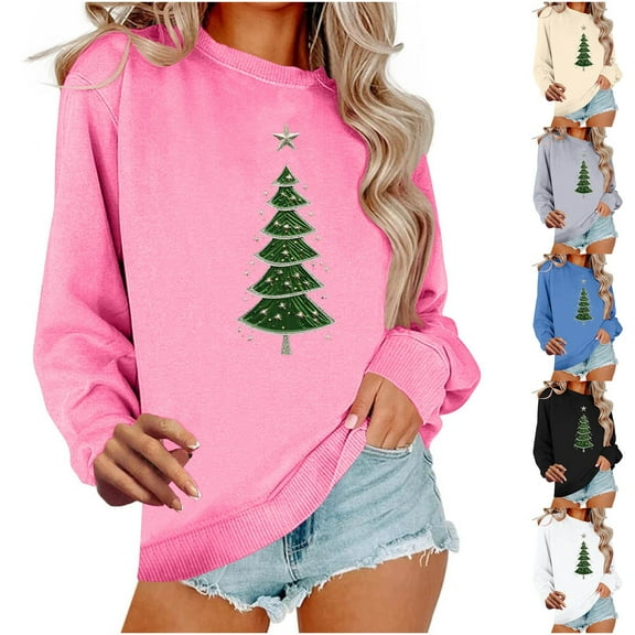 VKOYWKM Fall Sweatshirts for Women Christmas Xmas Holiday Long Sleeve Tops Funny Christmas Tree Graphic Fleece Pullover Crewneck Loose Fit Oversized Sweatshirt