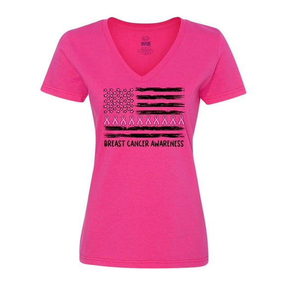 Inktastic Breast Cancer Awareness Pink Ribbons and Flag Women's V-Neck T-Shirt