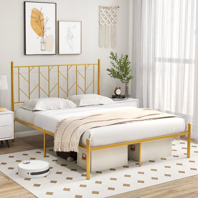 Gymax Full Size Platform Bed Frame Heavy-duty Metal Bed Frame w/Sturdy Metal Slat Support Gold
