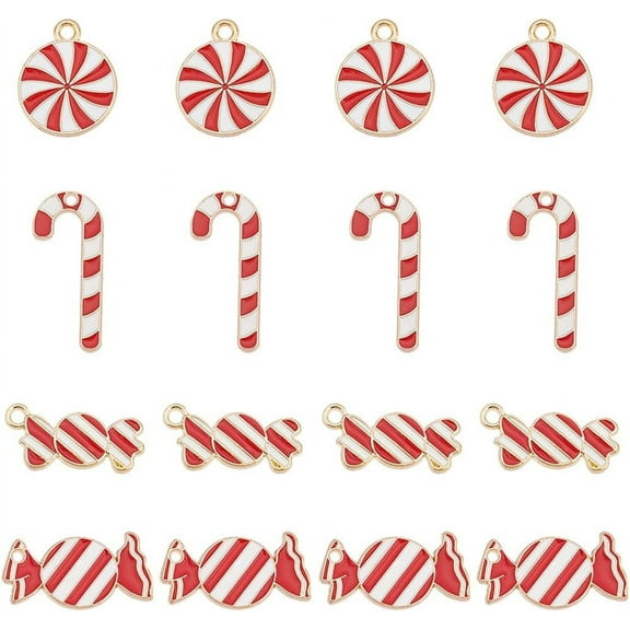 1 Box 40pcs 4 Styles Christmas Candy Charms Bulk Candy Cane Charms Round Alloy Enamel Holiday Red White Candies Charm