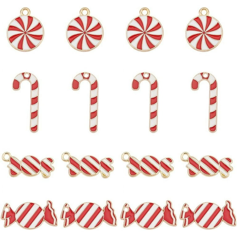 1 Box 40pcs 4 Styles Christmas Candy Charms Bulk Candy Cane Charms Round Alloy Enamel Holiday Red White Candies Charm, Adult Unisex, Size: One size