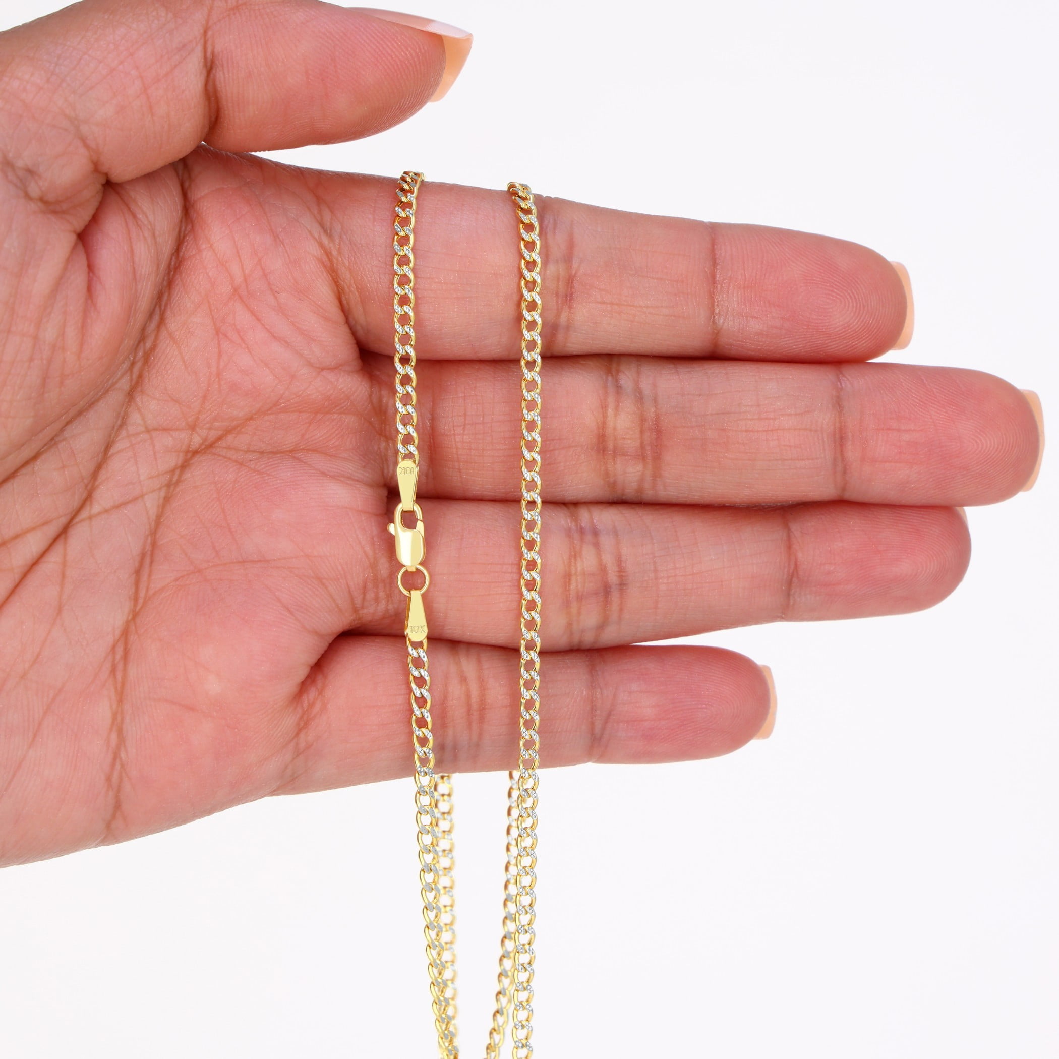 Nuragold 10k Real Yellow Gold Cuban Curb Link 2.5mm Diamond Cut Pave Chain Necklace (16"-26") Two Tone Italian Jewelry for Men & Women