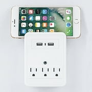 Merkury Innovations 3.1 Amp USB Wall Charger 3-Outlet Extender with 2 USB Charging Ports and Phone Stand, White