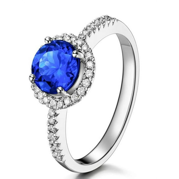 Beautiful 1 Carat Round Blue Sapphire and Diamond Halo Engagement Ring in White Gold