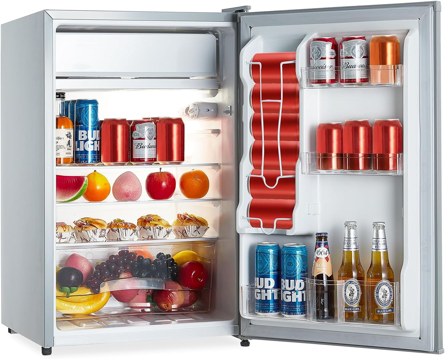 IdealHouse 4.3 Cu.Ft Portable Compact Mini Refrigerator with Freezer – Energy-Efficient, Low-Noise Single Door Fridge with 2 Slide-Out Glass Shelves for Bedroom, Office, Dorm Use, Grey