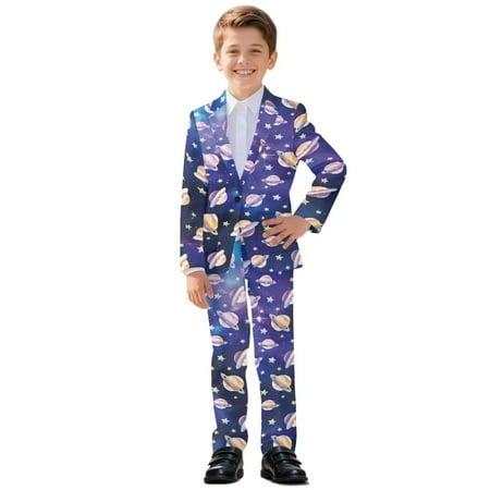 Xoenoiee Galaxy Star Space Planet Print Boy Suit Slim Fit Suits for Boys 2 Piece Winter Retro Blazer Wedding Ring Bearer Outfit Tuxedo 13-14 Years